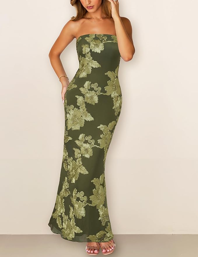 MEROKEETY Women's Floral Strapless Maxi Dress 2026 Summer Mesh Tube Bodycon Formal Wedding Guest Cocktail Party Long Dresses
