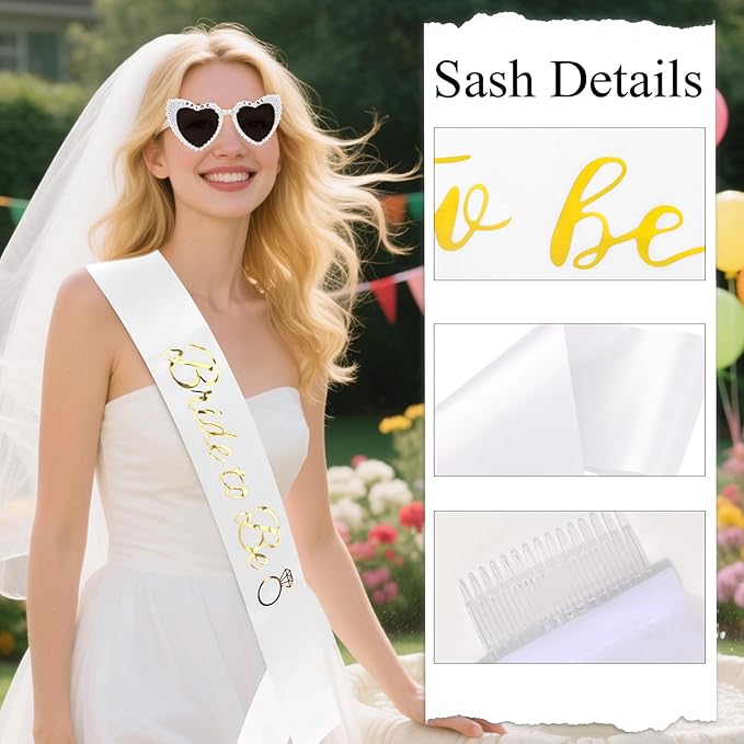 Bride to Be Set: Pearl-Trimmed Heart Sunglasses, Pearl BRIDE Sash & Tulle Veil - Bachelorette Party Bridal Accessories