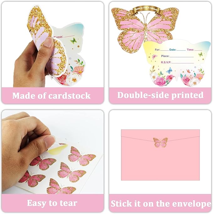 Qyeahkj 36pcs Butterfly Birthday Invitations for Girls with Envelopes Stickers Cards Floral Butterfly Party Celebration Party Supplies Favors for Kids Boys Baby Shower Wedding Decorations