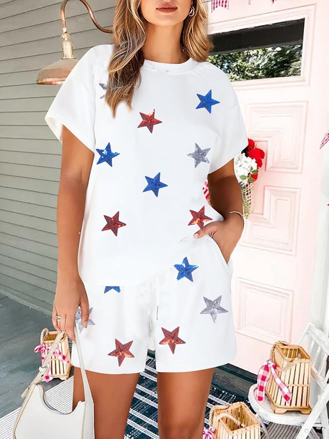 VILOVE 4th of July 2 Piece Sequin Outfits Women 250 Anniversary Usa Shirts and Short Sets Casual Patriotic Shirt Summer Set