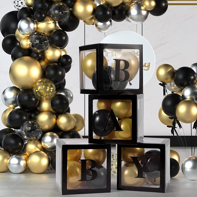 Baby Boxes with Letters for Baby Shower, 4 Transparent Balloon Boxes with Letters for Gender Reveal Birthday Wedding Baby Shower Decorations (Black)