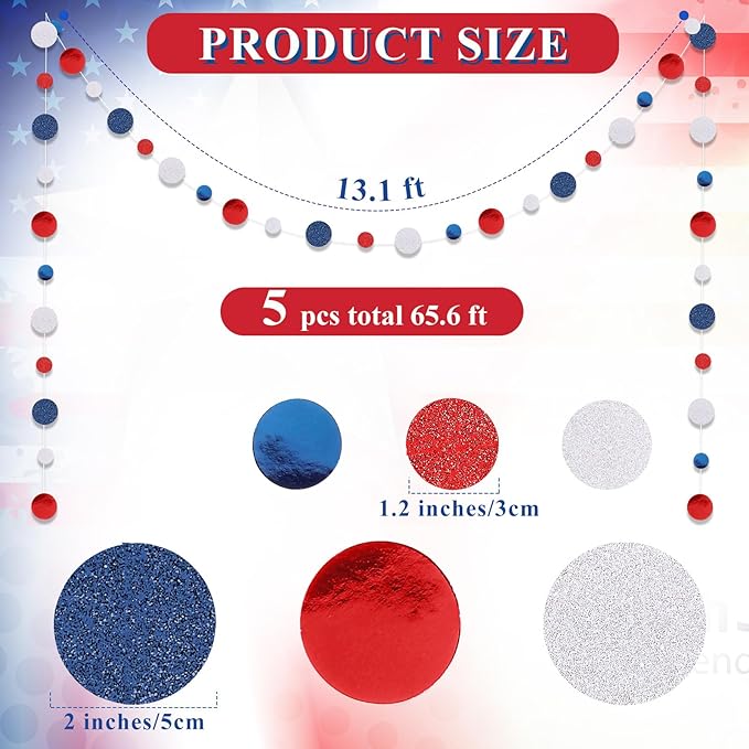 Outus 5 Pieces Blue,White,Red Round Dots Garland Easter Graduation Party Hanging Decor Each Length 13.1ft Glitter Paper Dot Streamers for Birthday Wedding Classroom