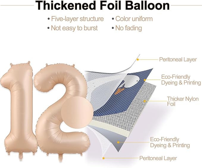 12 Balloon, Number 12 Balloon, Number Balloons 40 Inch, Beige Large Big Foil Number 21 Balloons for Birthday Party Graduation Wedding Anniversary Bachelorette Events Party Decoration Supplies