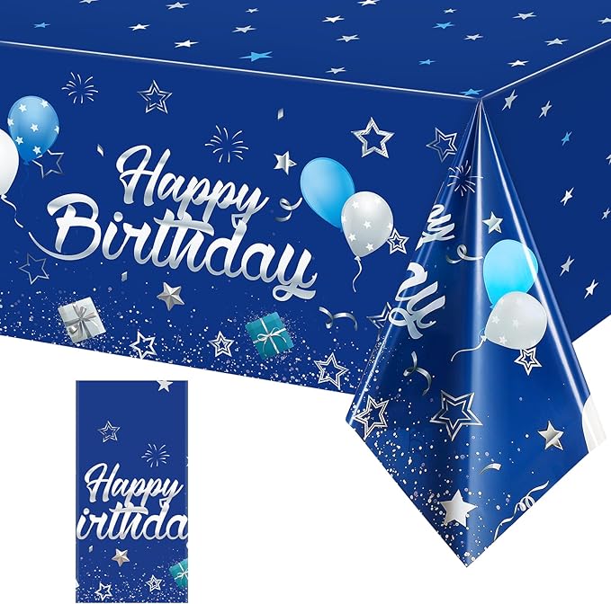 Tegeme Navy Blue Party Supplies Stars Happy Birthday Tablecloths Starry Confetti Table Covers for Kids Boys Girls Baby Shower Birthday Party Decorations(Navy Blue and Silver,1 Pack)