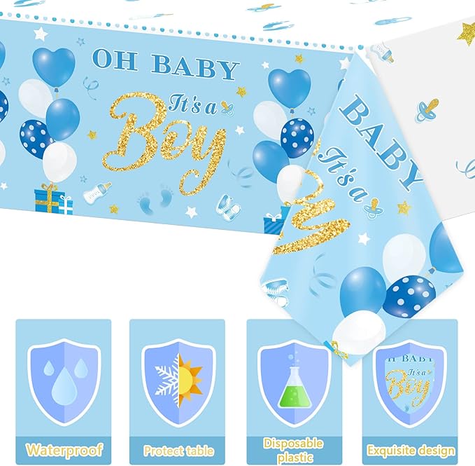 Tevxj 3 Pack Baby Shower Tablecloths Plastic Blue Baby Boy Shower Decorations Gender Reveal Party It's A Boy Table Covers for Baby Boy Birthday Shower Party Supplies, 54 x 108 Inch
