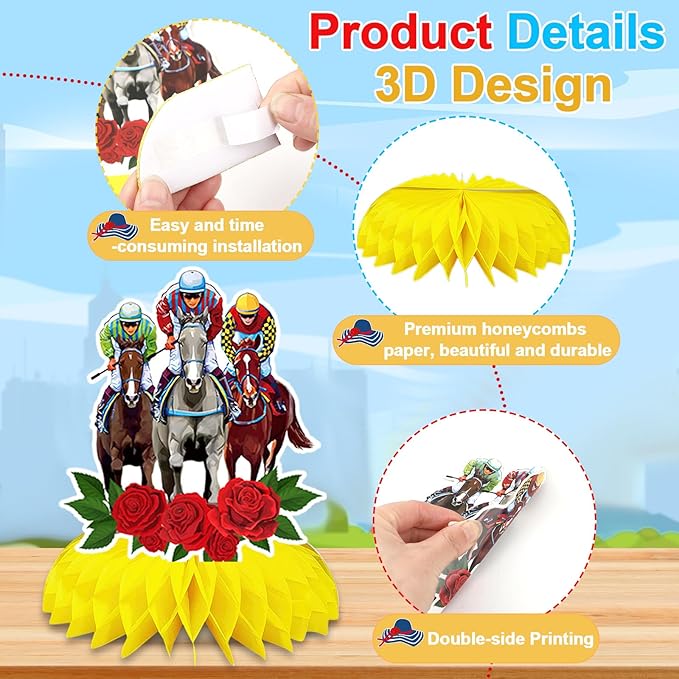 JULMELON 8PCS Derby Party Decorations Honeycomb Centerpieces, 3D Horse Racing Decor Derby Centerpieces for Tables Kentucky Party Supplies Derby Day Decorations