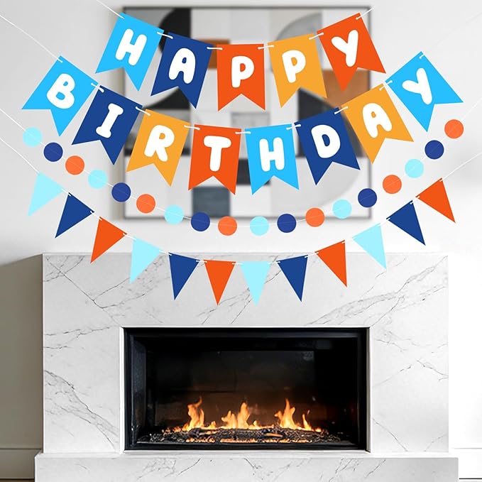 Blue & Orange Happy Birthday Banner, Happy Birthday Decorations Hanging Birthday Sign Circle Dot Triangle Bunting for Women Men Girl Boy Party Supplies