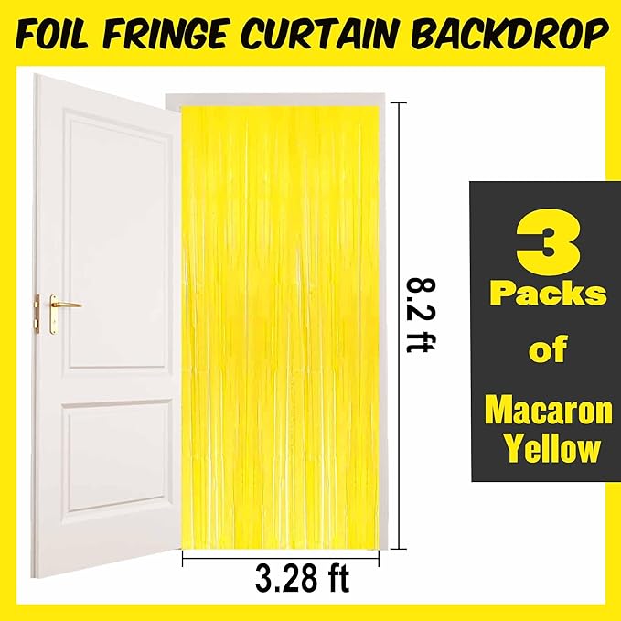 3 Pack Macaron Yellow Foil Fringe Curtains Backdrop, 3.28 x 8.2 Ft Metallic Streamers Tinsel Curtains Background for Photo Booth, Birthday, Halloween, Christmas, New Year Party Decorations