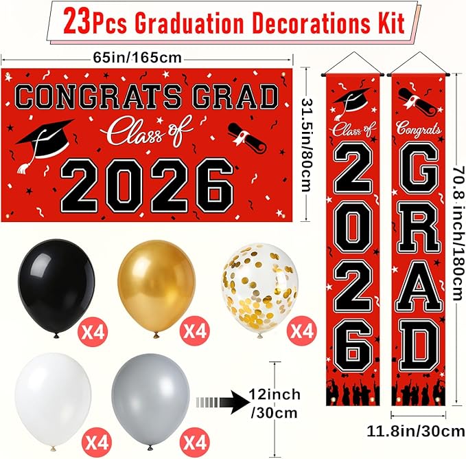 WOHOHOHO 23Pcs Graduation Decorations 2026 Set, Red Porch Door Sign GRAD Banner, Class of 2026 Backdrop, 5 Colors Large Balloons, Hanging Party Supplies for High School College Indoor Outdoor Decor