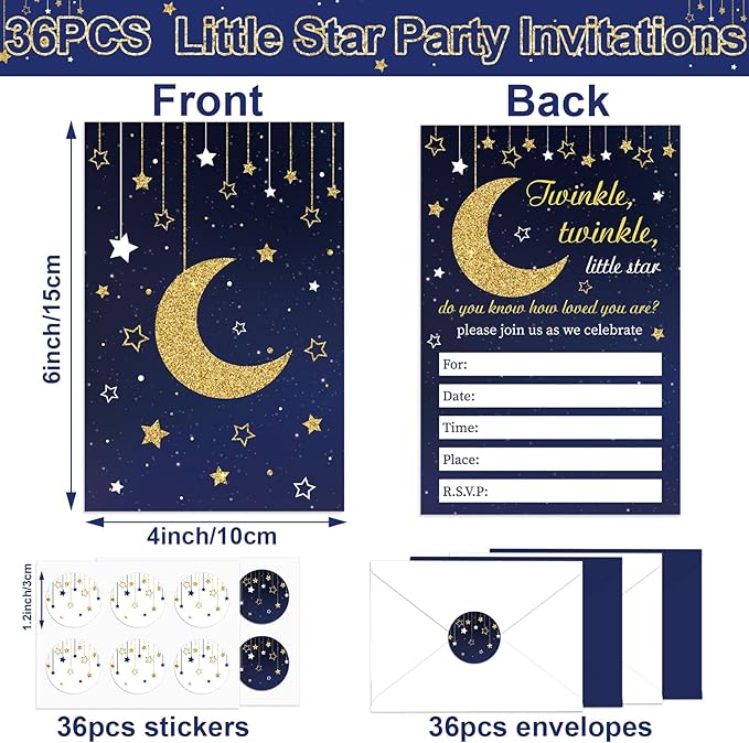 Qyeahkj 36pcs Stars Invitations Twinkle Little Star Baby Shower Invitation Cards with Envelopes Moon and Star Baby Shower Decorations Blue Gold Foil Baby Shower Party Invites for Baby Gender Supplies