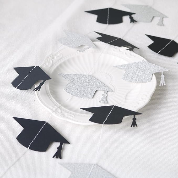 Black and Silver Graduation Garland Graduation Party Decorations Class of 2026 Grad Cap Garland Banner Streamers for Grad Party Hanging Decorations 39Feet