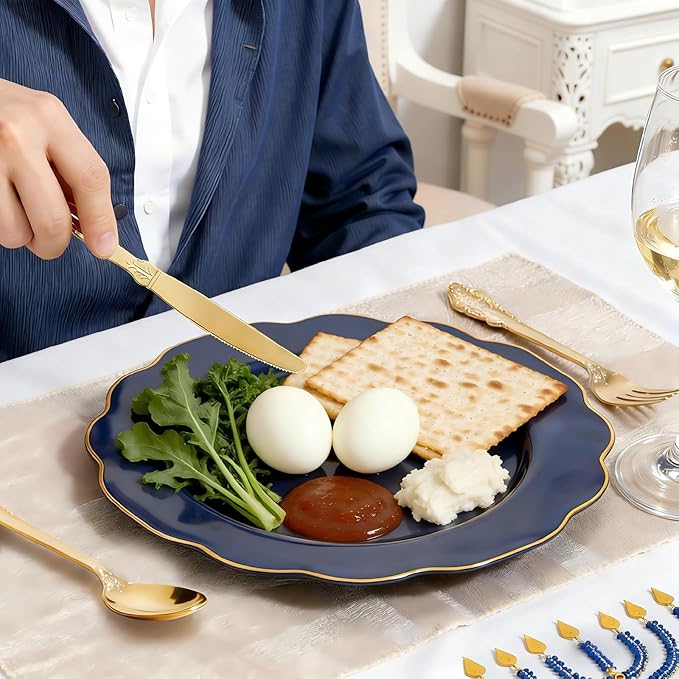 NOCCUR 175PCS Blue Plastic Plates with Disposable Silverware - Include 50 Blue Disposable Plates with Gold Rim,75 Gold Cutlery,25 Cups,25Napkins for Party/Wedding/Passover