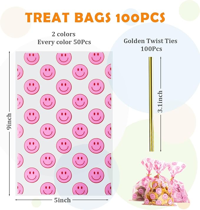 100 Pack Goodie Bags Plastic Gift Bags with Twist Ties 5x9 Inch – Clear Treat Bags with Happy Face Print, Party Favor Bags for Candy, Snacks, Gifts, Events & Celebrations