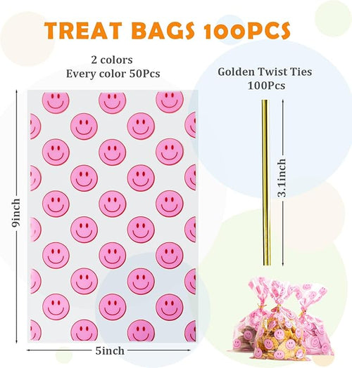 100 Pack Goodie Bags Plastic Gift Bags with Twist Ties 5x9 Inch – Clear Treat Bags with Happy Face Print, Party Favor Bags for Candy, Snacks, Gifts, Events & Celebrations