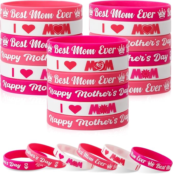 JUNEBRUSHS 42pcs Mother's Day Silicone Wristbands Party Favors Rubber Bracelets for Happy Mother's Day Mom Birthday Themed Party Supplies Goodie Bag Stuffers Fillers
