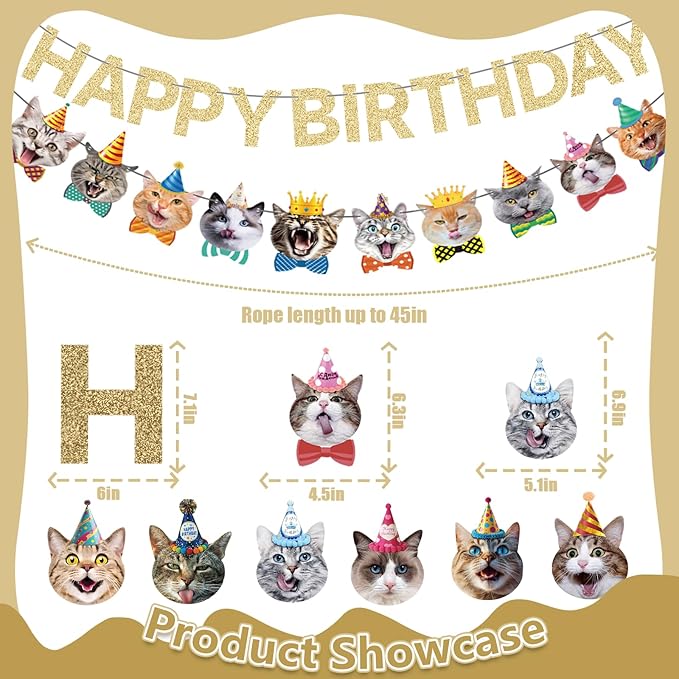 KINGZONE Cat Happy Birthday Banner - Cat Birthday Decorations Party Decor Supplies for Kids, Boys, Girls
