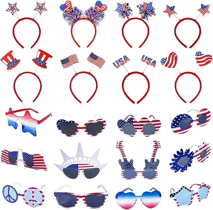 20 Pcs 4th of July Patriotic Party Accessories, 12 American Flag Party Glasses, 8 USA Independence Day Headbands, Red White and Blue Patriotic Photo Booth Props, Veterans Day, Memorial Day Supplies