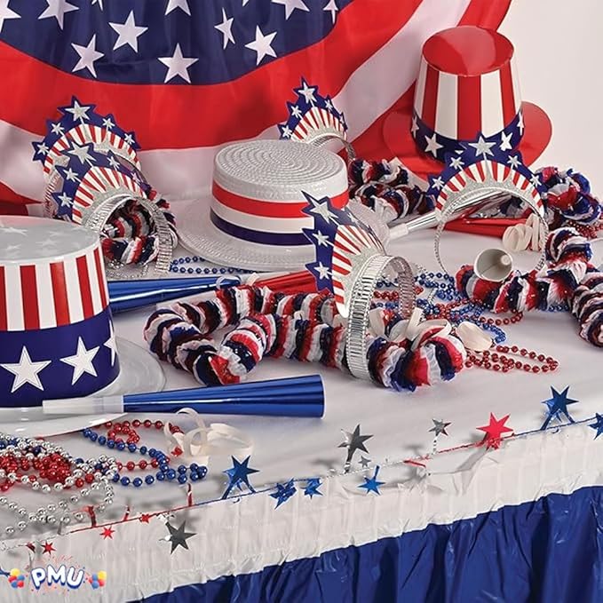 PMU 25 Ft Patriotic Star Garlands with Wire, Shiny Metallic Garland for 4th of July, National Day, Independence Day, Red,Silver and Blue