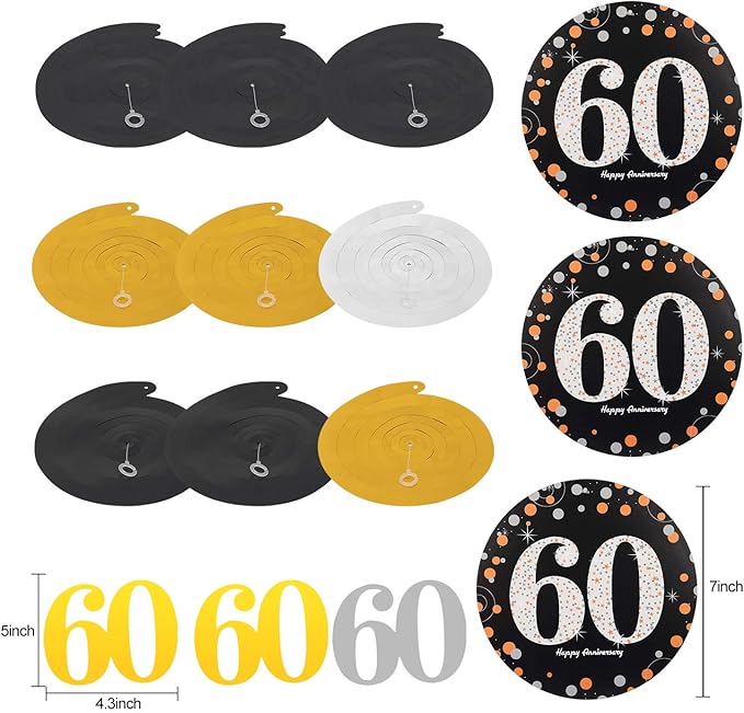 60th Anniversary Decorations Kit - Gold Glitter Happy Anniversary Banner, 9Pcs Sparkling Hanging Swirl, 6Pcs Poms - For 60th Wedding Party Decorations