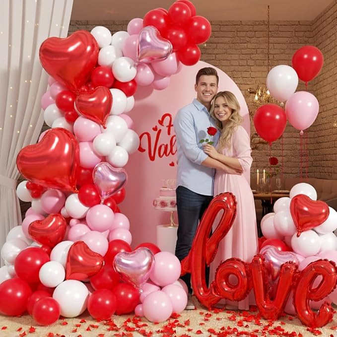 Valentines Day Balloons Garland Arch Kit - 161Pcs Different Size Red Pink White Balloons with Heart and LOVE Foil Balloon for Valentine's Day Galentine's Day Anniversary Party Decorations