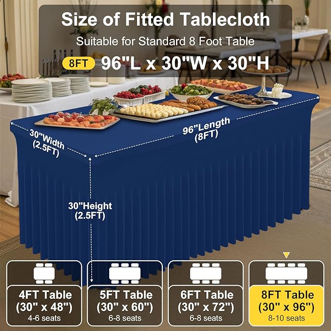 Smiry Spandex Tablecloth, Elastic Fitted Stretch Tablecloth for 8FT Rectangle Tables, Waterproof Washable Table Cover Skirt for Outdoor, Wedding, Banquet & Parties (Navy, 96Lx30Wx30H Inch)