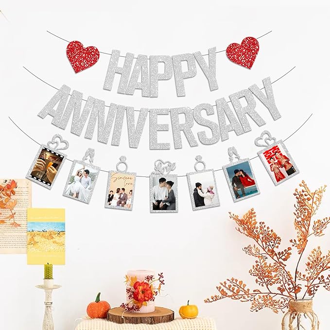 Happy Anniversary Photo Banner Glitter Decor for Wedding Celebration Party Decorations (silver)