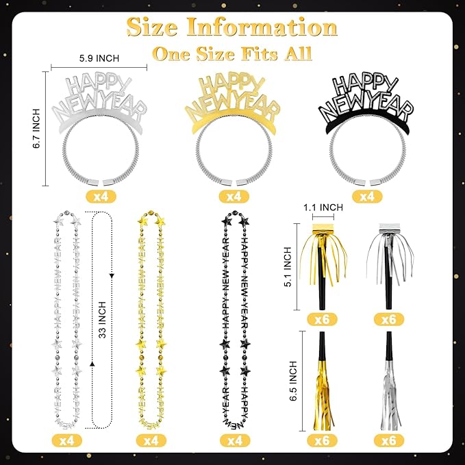2026 New Years Eve Party Supplies 48 PCS, Happy New Year Decorations Kit - Party Favor Includes Headband, Blowers, Noise Makers & Necklace, NYE Photo Booth Props Accessories Gifts Wearables