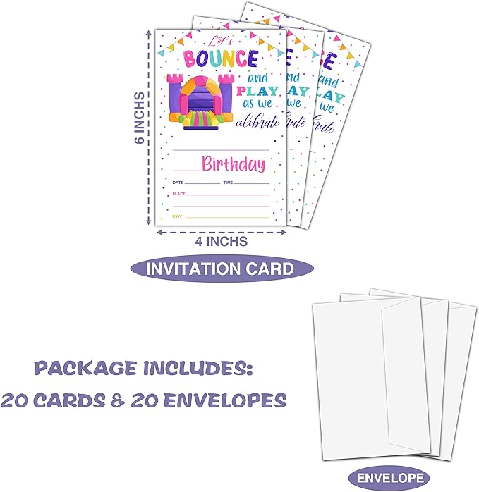 Bounce House Birthday Party Invitation, Bounce Themed Fill-In Invites for Man & Woman, 20 Invitations With Envelopes (4" X 6"), Adults Jumping Party Favors Decorations and Supplies -25