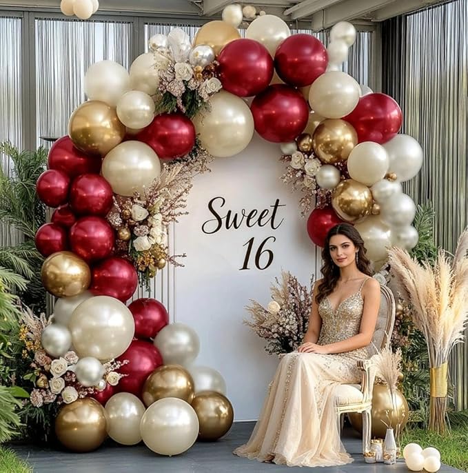 Burgundy Gold Balloons Garland Double Stuffed Wine Red Sand White Metallic Gold Latex Balloons Arch Kit for Bridal Wedding Anniversary Baby Shower Birthday Party Decorations