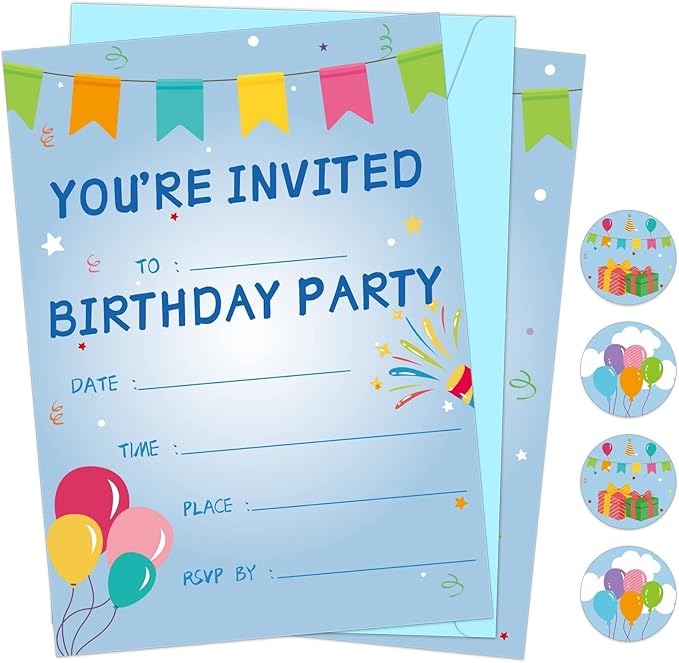 30 Pack Birthday Party Invitations Set Boys Girls Kids Invite Cards with Envelopes Printed Birthday Invitations Supplies with Sticker Labels Decorations for Surprise Party Baby Shower Boys Party