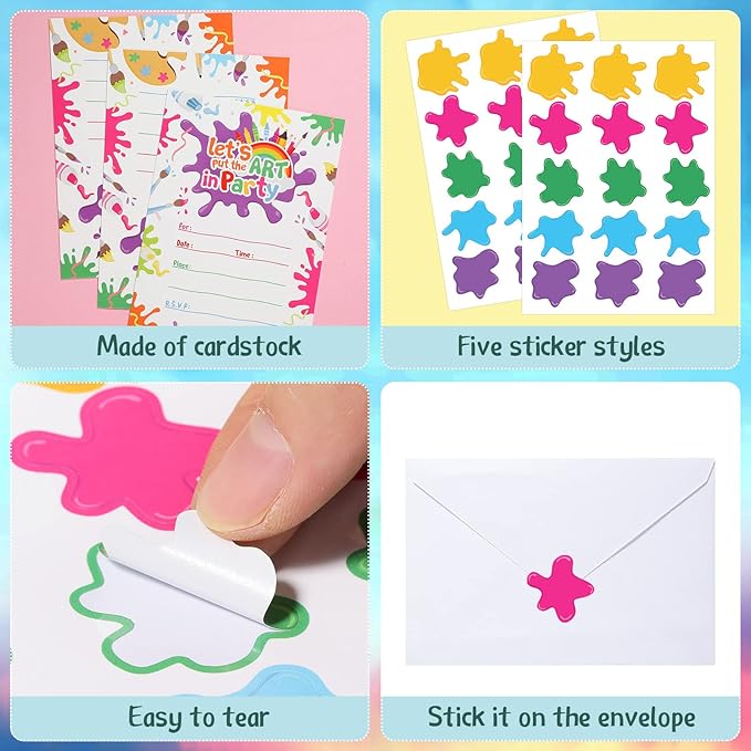 Pajean 24 Set Art Painting Party Invitations with Envelopes Colorful Birthday Cards Paint Themed Invitation Letters Paint Fill in Invites with 30 Stickers for Art Party Supplies