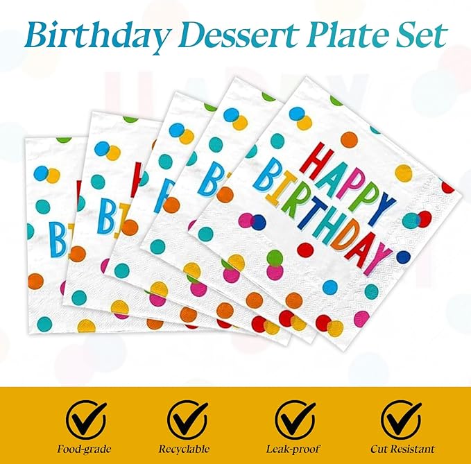 40PCS Happy Birthday Party Plates and Napkins, Happy Birthday Desserts Plates Disposable Rainbow Dots Tableware Supplies for Adults and Kids Party Decorations