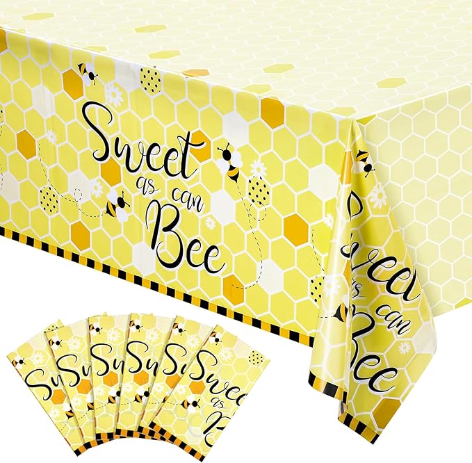 Tatuo 6 Packs Bee Plastic Tablecloths - 54 x 108 Inches Sweet as Can Bee Decorative Table Cover Honey Party Tablecloth Set for Birthday Baby Shower Gender Reveal Party Decorations