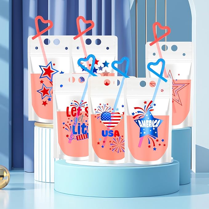 ChezMax 24PCS Drink Pouches for adults, Patriotic Drink Pouches with Straws, USA Party Favors, American Flag Party Supplies, Pouches Stand up Bags, Juice Pouches, 6 Styles, 500 ML