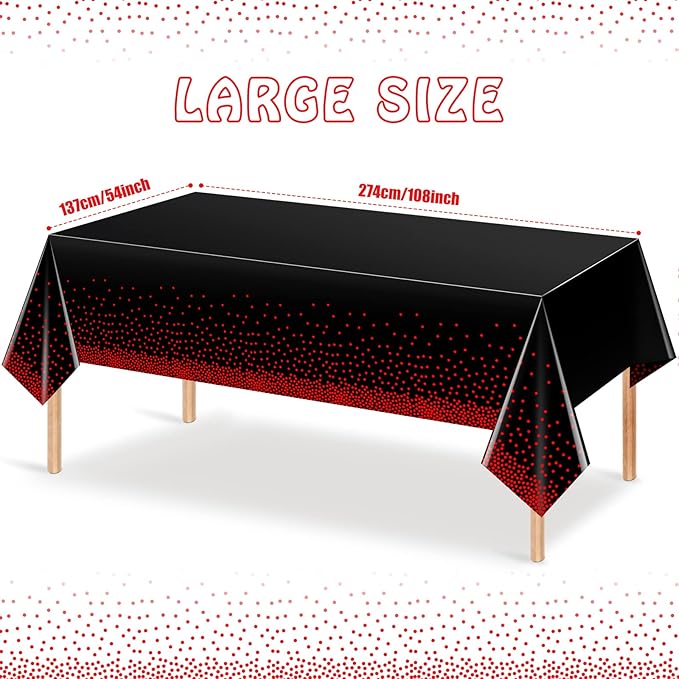 12 Pack Red and Black Dot Plastic Tablecloth, Red Stamping Dot Confetti Rectangle Plastic Disposable Table Cover for Birthday Wedding Baby Shower Engagement Anniversary Party Decorations, 54 x 108Inch