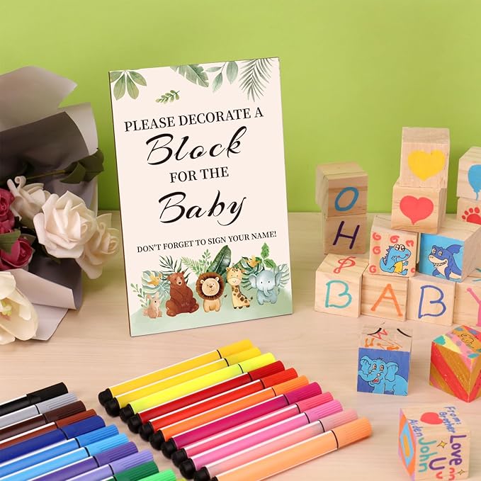 Baby Shower Games Sign Kit with 50 Blank Wooden Baby Blocks, 24 Acrylic Paint Marker and Wooden Sign, Blocks for Baby Shower Games, Gender Reveals Party(Animal)