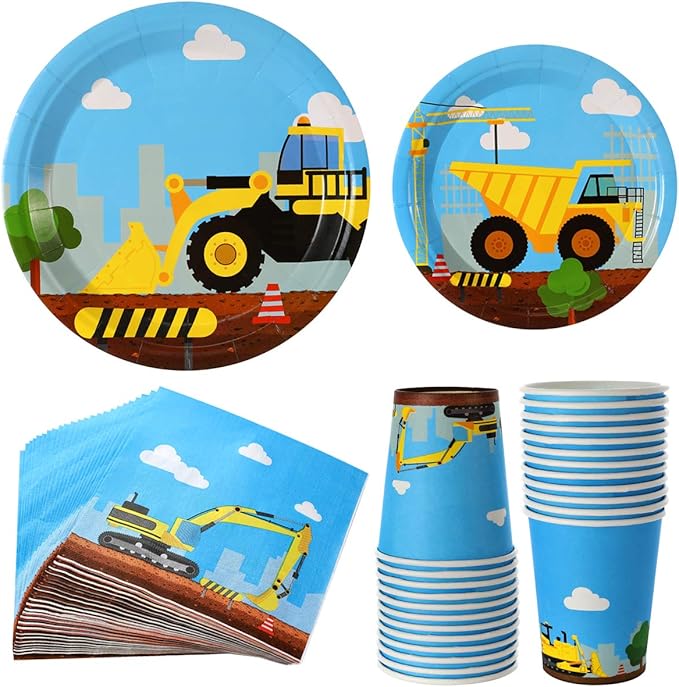 Construction Birthday Party Supplies Set 97 Pieces For Kids- Serves 24 Guest-Digger Truck Bulldozer Party Tableware Kit - Including Dump Truck Plates, Cups, Napkins