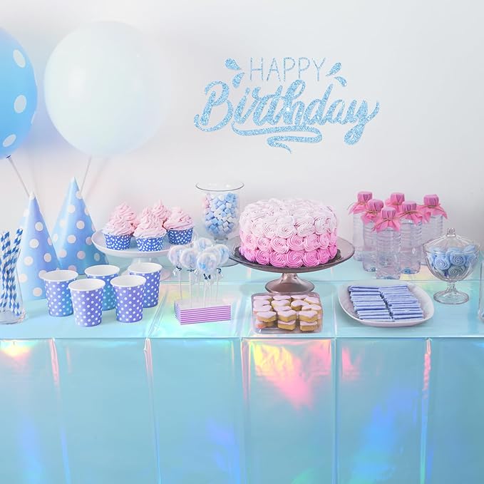 1 Pack Iridescent Light Blue Tablecloth for Parties, Pastel Blue Holographic Plastic Table Cover, Disposable Laser Baby Blue Table Cloth for Birthday Wedding Baby Shower Party Decorations, 54x108 Inch