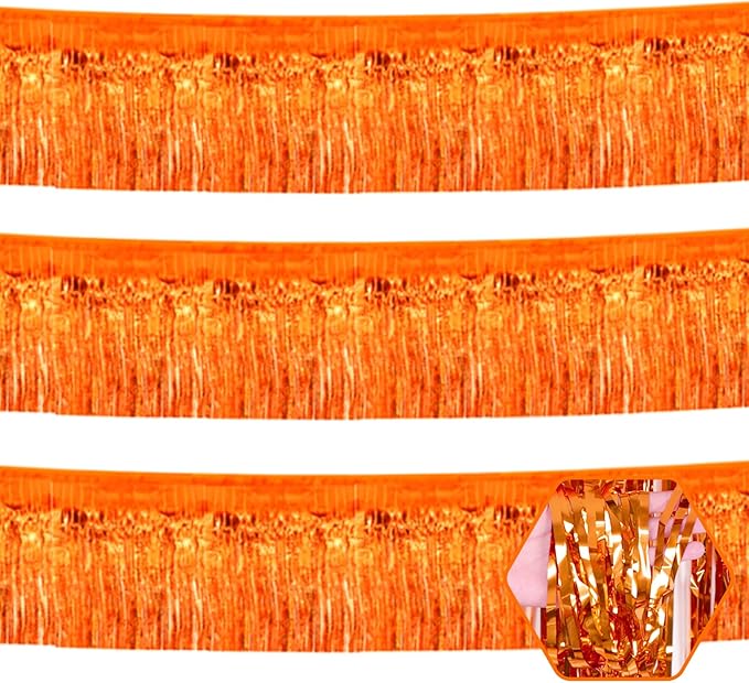 3 Pack 10 Long Orange Metallic Foil Fringe Garland Wall Hanging Tassle Banner, Mother's Day, Easter, Parade Floats, Birthday, Theme Party, Wedding Party Decorations