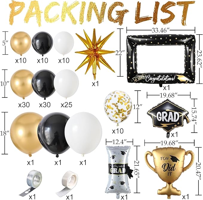 135Pcs Black Gold White Graduation Balloon Garland Arch Kit,with Explosion Star,Diploma,Trophy,Grad Hat,Photo Frame Foil Balloons for Congrats Class of 2025 Graduates Celebrations Party Decoration