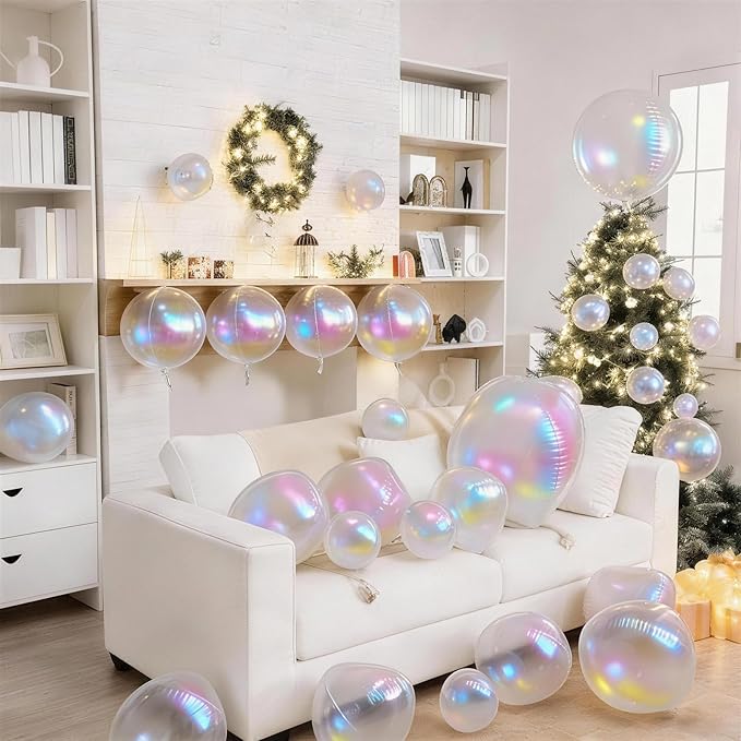 Biapian 12 Pcs Iridescent Foil Balloons, 22" 15" 10" 4D Clear Ball Shape Balloons, Different Size Holographic Balloons Transparent for Little Mermaid Birthday Wedding Sea Baby Shower Party decorations