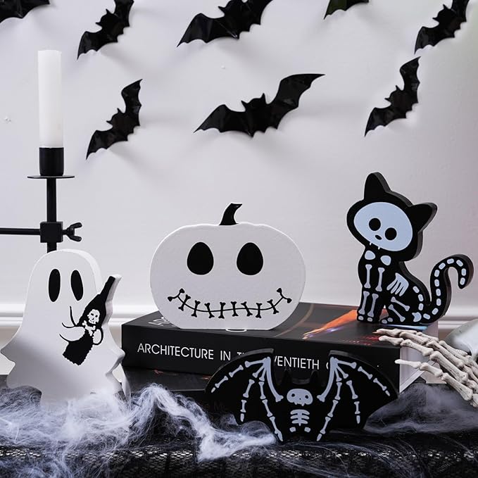 4PCS Halloween Decorations Indoor, Halloween Tiered Tray Decor Table Sign, Halloween Wooden Signs Ghost Bat Pumpkin Cat Blocks Signs, Table Decor Halloween Party Decorations for Mantle Home Shelf