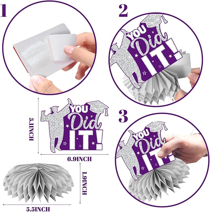 12pcs Graduation Table Decorations 2026, Purple Graduation Decorations 2026 Purple and Silver Graduation Centerpieces for Tables,Class of 2026 Centerpieces Honeycomb for Congrats Grad Table Decor