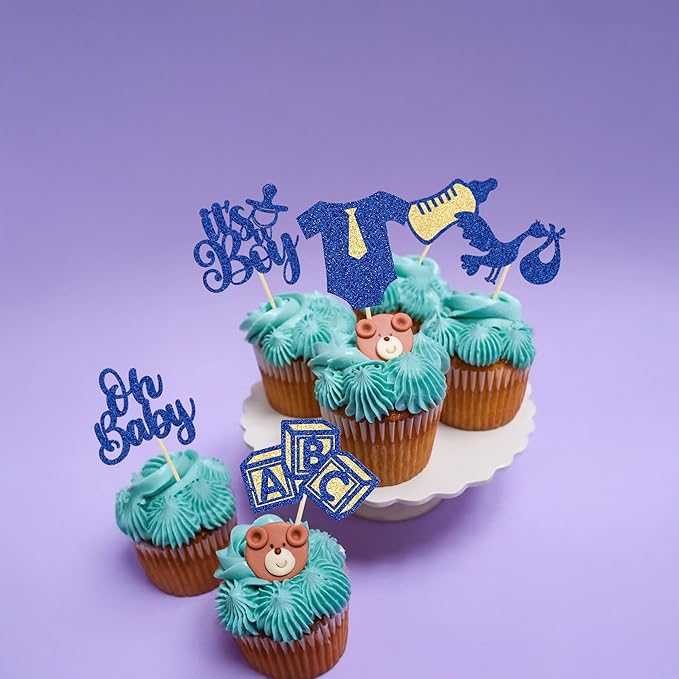 Gyufise 24Pcs Baby Shower Cupcake Toppers Glitter Tie Onesie Baby Bottle Oh Baby Cupcake Picks It's a Boy Cake Decorations for Baby Shower Gender Reveal Kids Boys Birthday Party Supplies Deep Blue