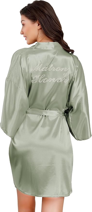 EPLAZA Women's One Size Silver Rhinestones Bride Bridesmaid Short Satin Robes for Wedding Party Getting Ready