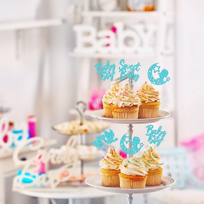 24Pcs Sweet Baby Boy Cupcake Toppers Blue Glitter Moon Star Baby Shower Cupcake Picks Decorations for Gender Reveal Baby Shower Kids Boys Birthday Party Supplies