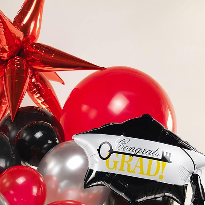 Black Red and Silver Balloon Garland Arch Kit 130+ Pieces with Red and Silver Stars, Graduation Certificate Graduation Cap GRAD Letters Mylar Balloons for 2026 Graduation Prom Decorations