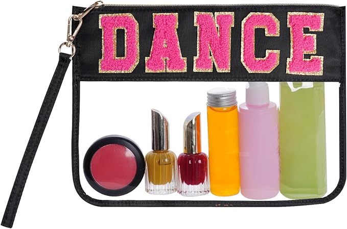 Chenille Letter Bag - Multi-purpose Nylon Cosmetic Bags with Zipper, Flat Pouches for Travel, Gym, Beach (Black-Dance)