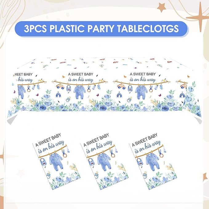 3 Pcs Baby Shower Decorations Boy A Sweet Boy is On His Way Party Supplies Blue Table Cover,Gender Reveal Table Cloths Decorations,55in x 86in
