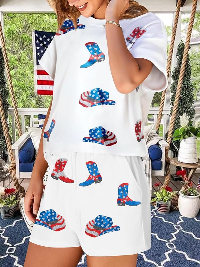 VILOVE 4th of July 2 Piece Sequin Outfits Women 250 Anniversary Usa Shirts and Short Sets Casual Patriotic Shirt Summer Set